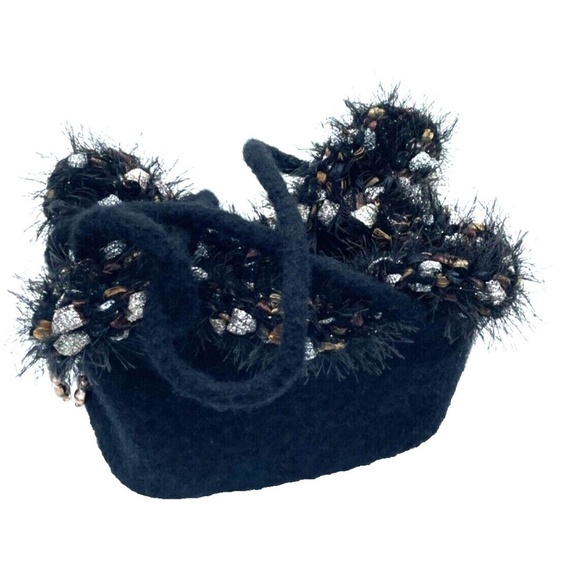 Vintage Convertible Wool Drawstring Purse Black with Metallic Accents and Beads - Picture 3 of 9